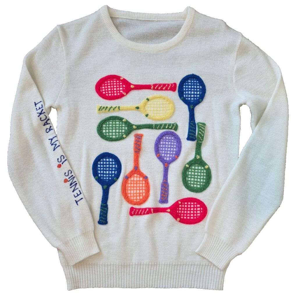 Vintage Cyn Les Tennis Is My Racket Sweater Womens XS S Colorful Racquet Knit